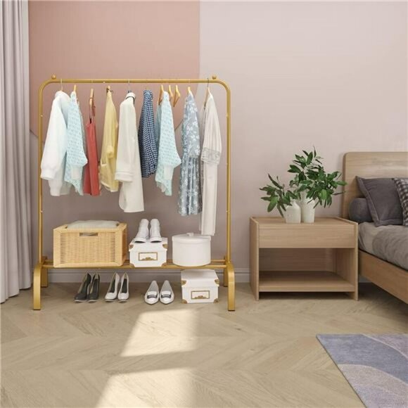 Gold Metal Garment Rack 43 Inch Clothing Rack with Shelf for Coats Dresses - Picture 3 of 7